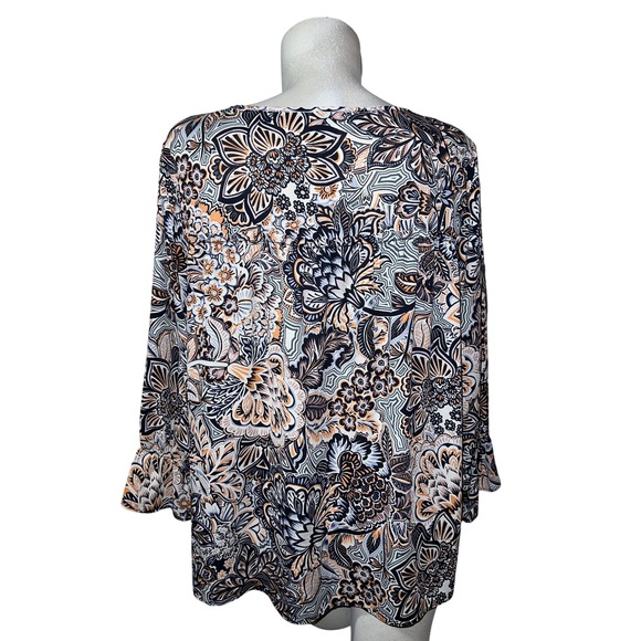 Zac & Rachel Womens Tunic Blouse XL Black Orange Floral Print Tie Neck 3/4 Slv - Picture 5 of 7